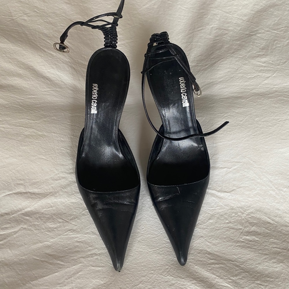 Robert Cavalli Black Leather Kitten Heels